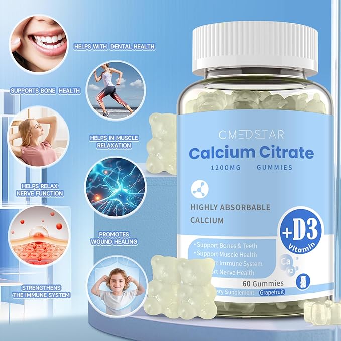 Calcium Citrate Gummies, Chewable Calcium Citrate 1200mg with Vitamin D3 & K2, Magnesium, Zinc for Women & Men, Supports Bone & Muscle Health, Boosts Immunity, Sugar-Free,Gluten-Free, Vegan, 60 Count