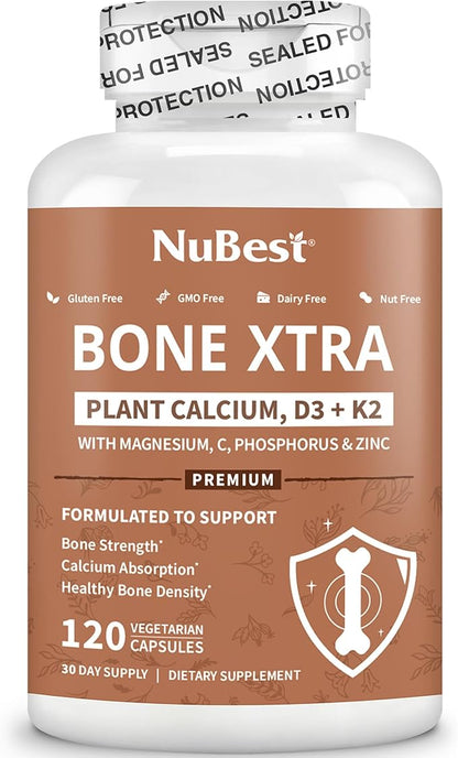 Bone Xtra - Vegan Bone Strength Formula for Stronger Bones, Plant-Based Calcium from Marine Algae, Vitamins D3, Vitamin K2, Magnesium, Phosphorus & More for Teens, Adults - 120 Caps | 1 Month Supply