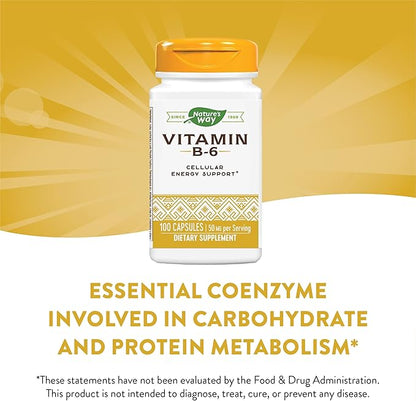 Nature's Way Vitamin B-6 Supplement, Cellular Energy Support*, 50mg per Serving, 100 Capsules