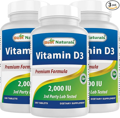 Best Naturals Vitamin D3 2000 IU (50 mcg) - 100 Tablets - 100 Days Supply - Helps Support Immune Health, Strong Bones and Teeth, & Muscle Function (100 Count (Pack of 3))