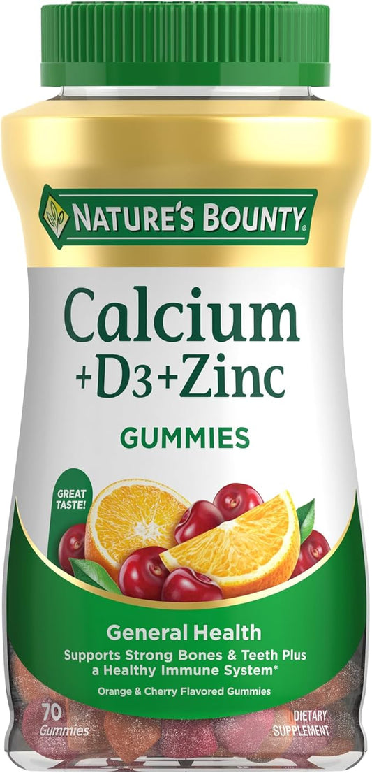 Nature's Bounty Calcium + D3 + Zinc Gummies, Supports Strong Bones & Teeth Plus a Healthy Immune System, 500mg, Orange and Cherry Flavored, 70 Gummies
