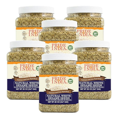 Pride Of India - PACK of 6 - White Sesame Seeds Unhulled - Calcium & Iron Superfood, 1.25 Pound (20oz) Jar