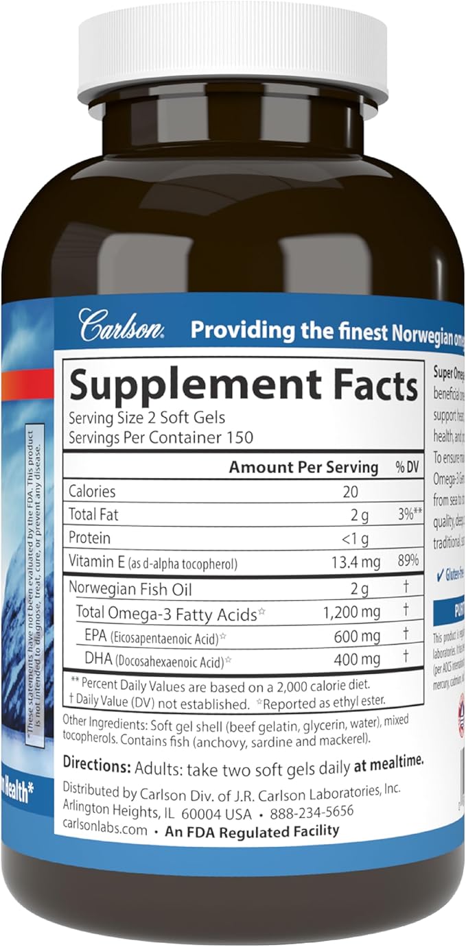 Carlson - Super Omega-3 Gems, 1200 mg Omega-3 Fatty Acids with EPA and DHA, Wild-Caught Norwegian Fish Oil Supplement, Sustainably Sourced Capsules 300 Softgels