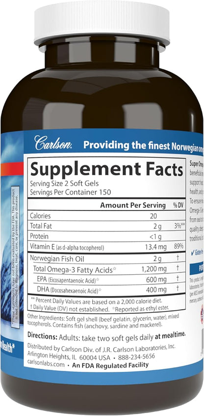 Carlson - Super Omega-3 Gems, 1200 mg Omega-3 Fatty Acids with EPA and DHA, Wild-Caught Norwegian Fish Oil Supplement, Sustainably Sourced Capsules 300 Softgels