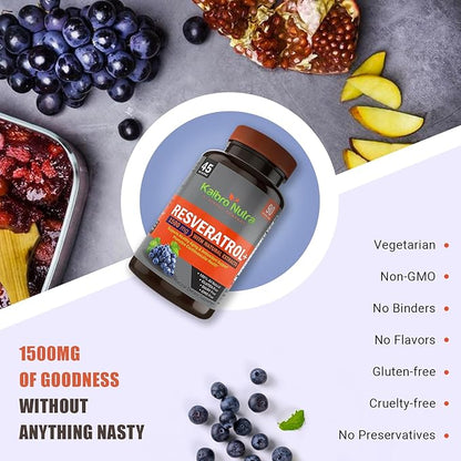 Kaibro Nutra Resveratrol 1500mg per Serving of Organic Trans-Resveratrol & Potent Antioxidants, Pure Extra Strength Complex, Anti-Aging, Radiant Skin and Immunity Support- 45 Day Supply