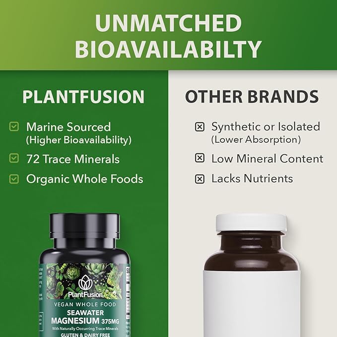 PlantFusion Vegan Magnesium Complex 375mg from Sea Water, Bioavailable Marine Magnesium with Fermented Organic Whole Food Blend, Non-GMO, Muscle & Relaxation Support, 120 Cap