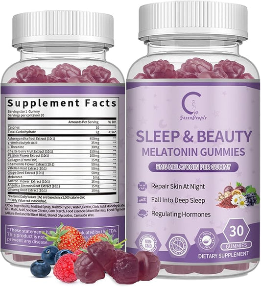 GPGP GreenPeople Women's Melatonin Gummies 5Mg with Ashwagandha, L-Theanine & Collagen, Sleep Aid Extended Release Formula, Sleep Gummies for Adults, Non-GMO & Gluten-Free, Berry Flavor 30-Day Supply