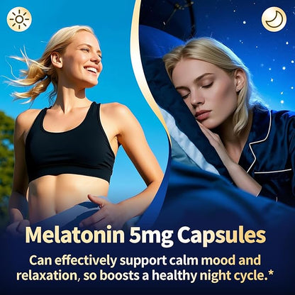 Melatonin 5mg Extended Release Supplements - Women Men Night Support, Relaxation & Immune - 10-in-1 Melatonin Capsules with Ashwagandha & GABA, Sugar Free, 120 Capsules, 60-Day Supply