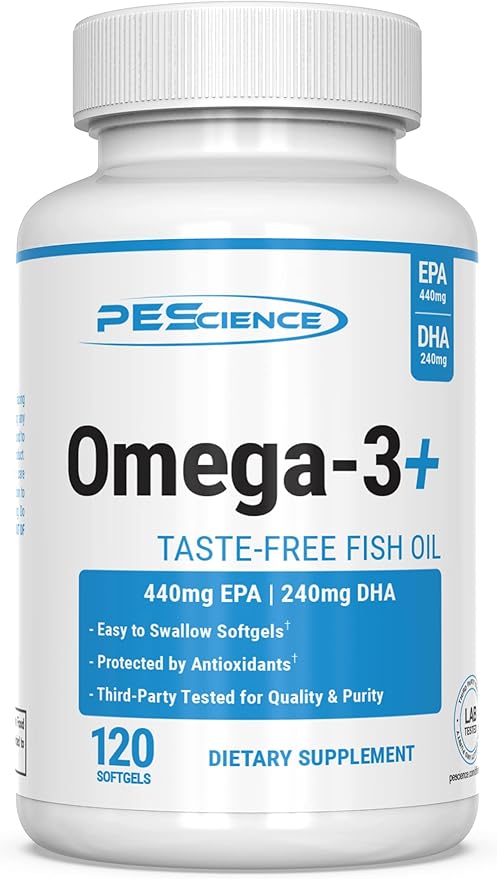 PEScience Omega-3+, 440mg EPA and 240mg DHA Fish Oil Supplement, Easy to Swallow Small Size Softgel, No Taste, 60 Servings