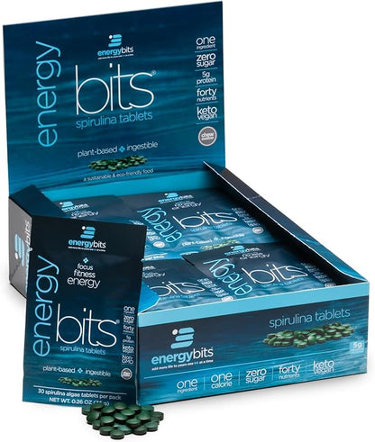 ENERGYBITS - Organic Spirulina Tablets - Plant-Based Algae Superfood - for Focus, Fitness, Energy - Plant Protein - Gluten Free - Collagen, Vitamin B12, Omega 3 - Keto & Vegan - 900 Algae Tablets