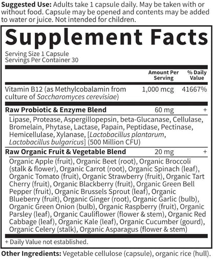 Garden of Life B12 - Vitamin Code Raw B-12 - 30 Capsules, 1,000mcg Whole Food B12 Methylcobalamin for Energy, Vegan Methylcobalamin B12 Vitamin plus Probiotics & Enzymes, Gluten Free Supplements