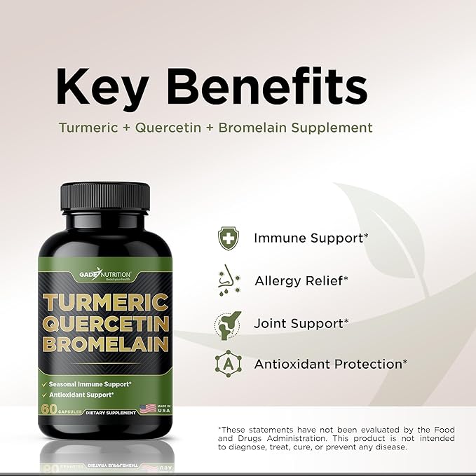 Gade Nutrition Turmeric Quercetin with Bromelain Supplement | Turmeric Supplement with Quercetin 500mg Capsules for Immune Support, Allergy Relief, Joint Support, Made in USA