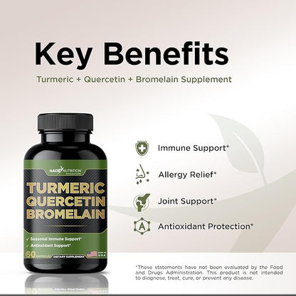 Gade Nutrition Turmeric Quercetin with Bromelain Supplement | Turmeric Supplement with Quercetin 500mg Capsules for Immune Support, Allergy Relief, Joint Support, Made in USA