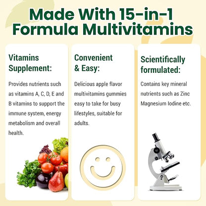 I LOVE HEALTH® 15-in-1 Multivitamin Gummies for Adults & Kids - Enhanced Formula with Vitamin A, C, D3, E, B12, Zinc, Magnesium & More - Apple Flavor - 60 Gummies per Bottle - Made in cGMP Facility