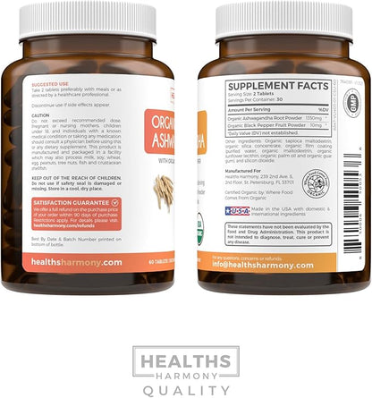 USDA Organic Ashwagandha (60 Vegetarian Tablets) 1350mg Ashwaganda Root Powder Per Serve with Black Pepper - Natural Adrenal Support, Cortisol & Thyroid Support, Immune Support (No Pills or Capsules)