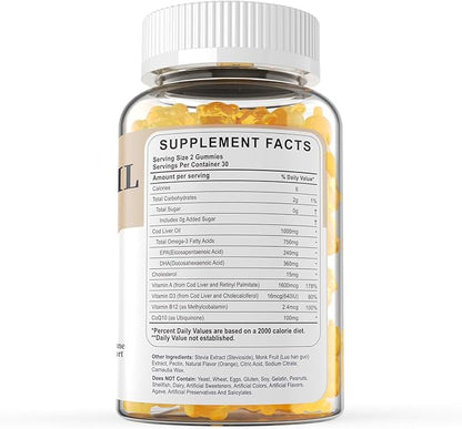 Cod Liver Oil 1000mg Gummies for Adults & Kids, with Vitamin A & D3 - Omega 3 Fish Oil Alternative - DHA 360mg & EPA 240mg for Brain, Bone, Eye & Immune Health, Sugar Free, 120 Cts