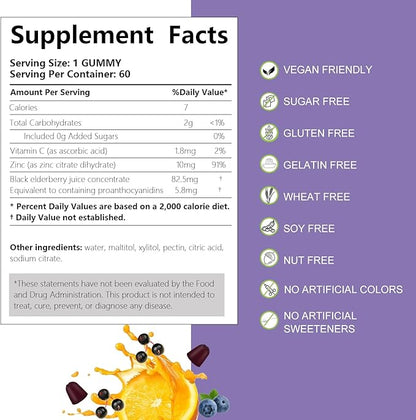AFXMATE Sambucus Elderberry Gummies, Black Elderberry Gummy with Zinc and Vitamin C for Adults, Sugar Free Kids Multivitamin Gummies Immune Support* Supplement (2 Pack)