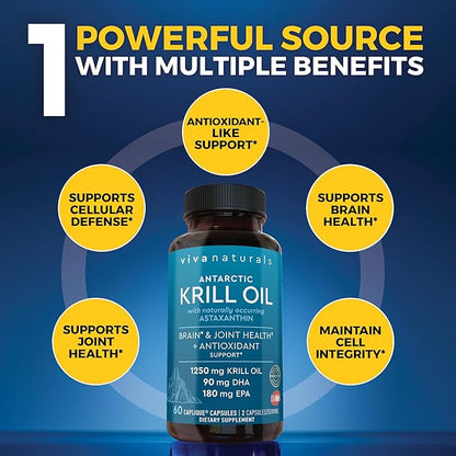 Viva Naturals Antarctic Krill Oil Omega 3 Supplements 1250 mg - DHA EPA Omega-3 & Astaxanthin Concentration for Joint Health, No Fish Burp - 60 Omega 3 Krill Oil Capsules