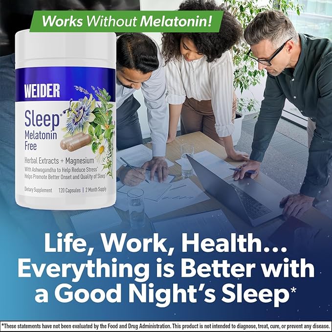 Weider Melatonin Free Sleep Aid Supplement with KSM-66 Ashwagandha, Magnesium, Lavender, Lemon Balm, Chamomile, Valerian and Passionflower Extracts, Hormone & Drug- Free, Non-Habit Forming, 120ct