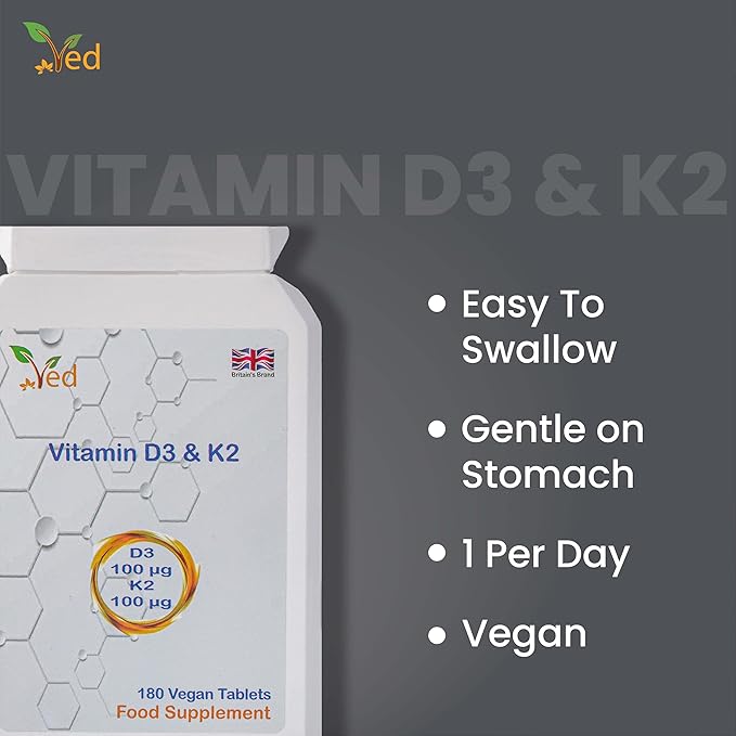 VED Vitamin D3 K2| 100 mcg Vitamin D3 & 100 mcg Vitamin K2| Max Strength 2 in 1 Immune Support | Vegan, Gluten| 180 Vegan Tablets|6 Month Supply