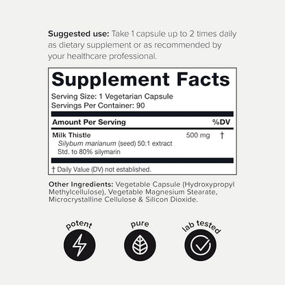 Milk Thistle - Ultra High Potency 50:1 Extract with 80% Silymarin - Highly Concentrated - Third-Party Lab Tested - 90 Capsules