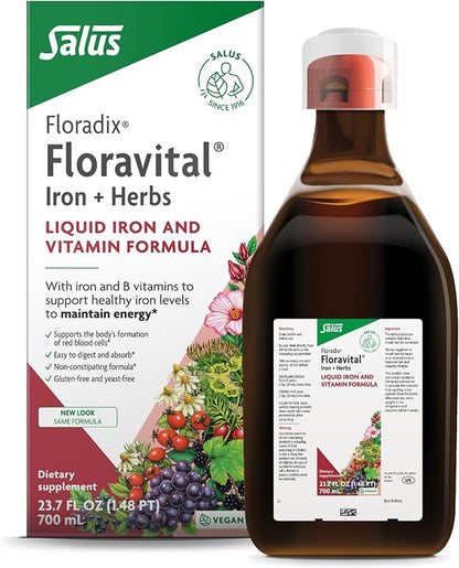 Floradix Floravital Liquid Iron & Vitamins Formula - Liquid Iron Supplement with B Complex Vitamins, Vitamin C & Herbs for Energy Support - Vegan, Gluten-Free, Yeast- Free, Non-GMO - 23.7 Fl Oz