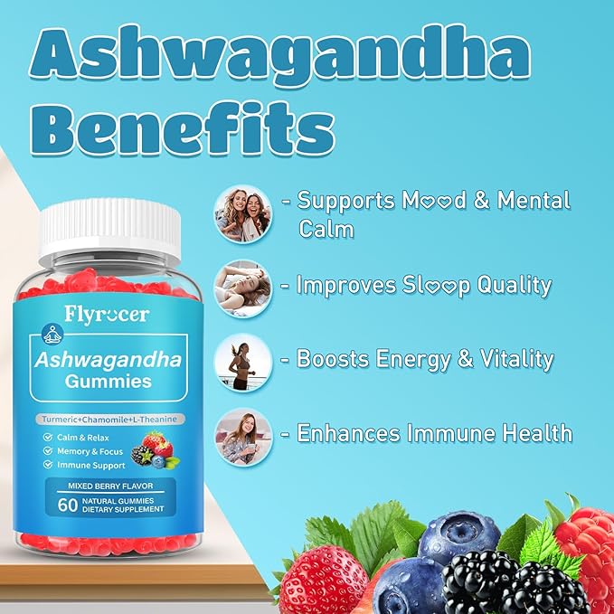 2 Pack Ashwagandha Gummies, Organic Ashwa Root Extract Supplement for Women & Men, Vegan, Gluten-Free, Mixed Berry Flavor, 120 Count