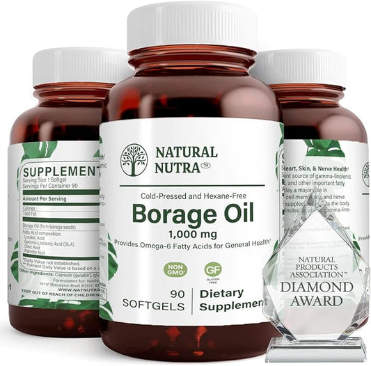 Natural Nutra Borage Oil, Maintain Skin Health, Support Better Heart Health, Improves Nerve Health, Help Overcome Joint paint, Help Reduce Pimple, Omega 6 Essential Fatty Acids Supplement 90 Softgels.