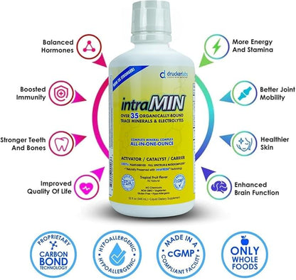 DRUCKER Labs - IntraMIN Organic Liquid Trace Minerals Dietary Supplement for Men, Women, Kids, Immune Support, Muscle Support, Non GMO, Gluten Free, Vegan, Electrolytes (32 oz., Tropical Fruit Punch)