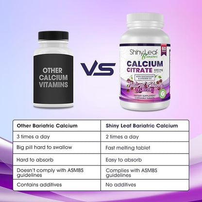 Shiny Leaf Bariatric Calcium Citrate Chews - 600mg, with Vitamin D 3 Plus Magnesium - Chewable Supplements for Women and Men, Bariatric Patients Vitamins for Bone and Joints Health, 240 Count, Cherry