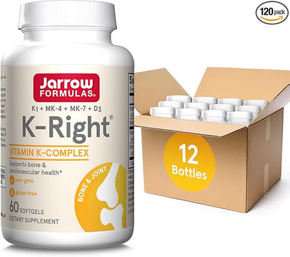 Jarrow Formulas K-Right - Vitamin K-Complex (K1, MK-4, MK-7, D3) - 60 Servings (Softgels) - Dietary Supplement for Bone & Cardiovascular Health Support - Vitamin K2 MK-7 - Gluten Free, Pack of 12