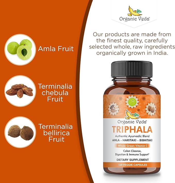 Organic Veda Triphala Capsules - Ultra Concentrated Amla Extract Organic Triphala Supplement with Natural Vitamin C - for Colon Cleanse, Skin Radiance, Immunity & Digestion - 120 Vegan Pills