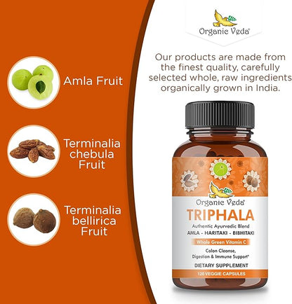 Organic Veda Triphala Capsules - Ultra Concentrated Amla Extract Organic Triphala Supplement with Natural Vitamin C - for Colon Cleanse, Skin Radiance, Immunity & Digestion - 120 Vegan Pills