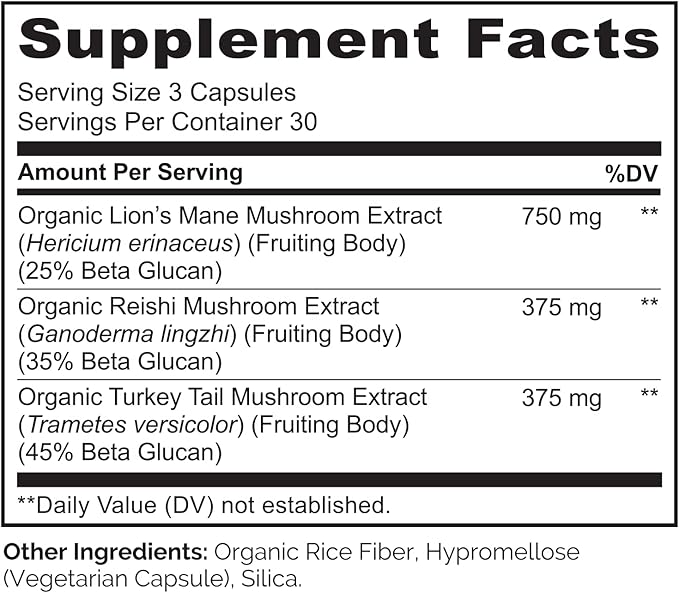 NATURELO Mushroom Supplement – Brain & Immune Health Blend with Lion’s Mane, Reishi, Turkey Tail – 90 Vegan Friendly Capsules