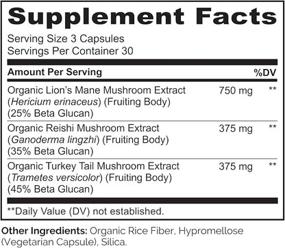 NATURELO Mushroom Supplement – Brain & Immune Health Blend with Lion’s Mane, Reishi, Turkey Tail – 90 Vegan Friendly Capsules