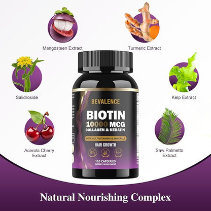 Biotin 10,000MCG Hair Growth Support for Women & Men with Collagen & Keratin – Hair, Skin & Nails Vitamins with Multivitamins & Minerals – 120 Capsules (2-Month Supply)