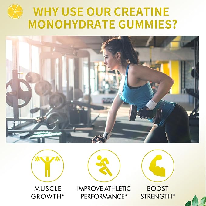 Creatine Monohydrate Gummies 5000mg for Men & Women, Chewables Creatine Monohydrate for Muscle Strength, Muscle Builder, Energy Boost, Pre-Workout Supplement-90 Lemon Gummies