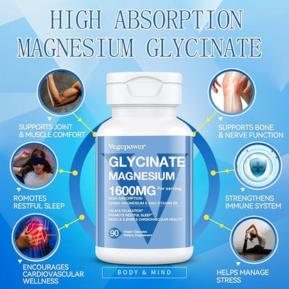 Magnesium Glycinate 200mg with Vitamin B6, 100% Chelated Magnesium Supplements for High Absorption, Magnesium for Sleep, Muscle, Nerve and Bone Health, Gentle On Stomach, Non-GMO, 90 Capsules