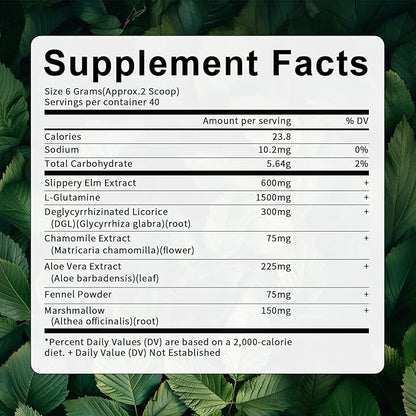 Slippery Elm, Organic Slippery Elm Bark Powder with L-Glutamine, DGL, Chamomile, Aloe Vera, Fennel, Marshmallow, Natural Herbs for Soothing Throat & Digestive Support, 40 Servings