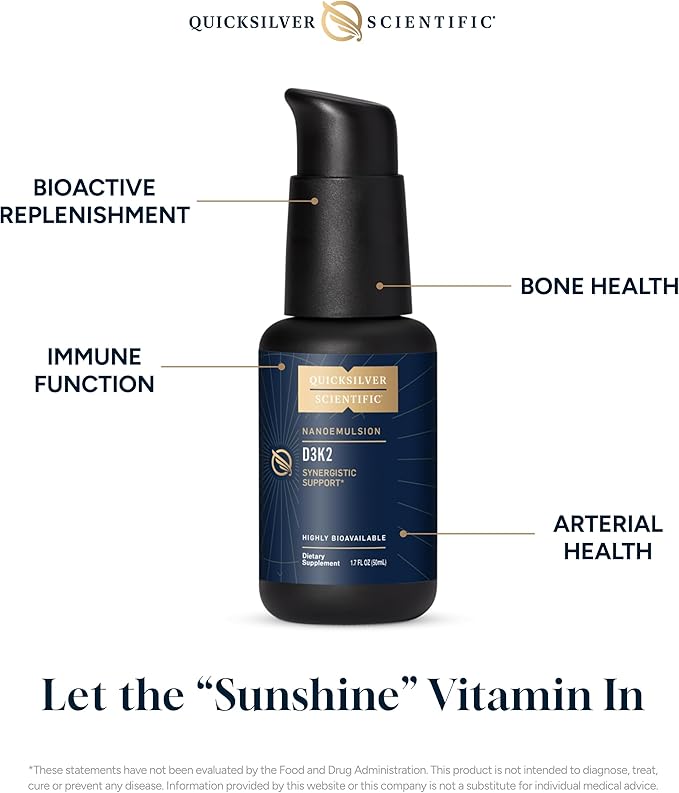 Quicksilver Scientific Nanoemulsified D3K2 - Emulsified Liquid Vitamin D3 + K2 MK7 Liposomal Supplement for Heart, Bone Health + Immune Support - Bioactive 2500IU for Enhanced Absorption (1.7oz/50ml)