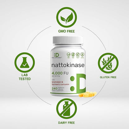 DEAL SUPPLEMENT Nattokinase 4,000 FU Per Serving, 240 Veggie Capsules – Bromelain, Turmeric Curcumin, with Black Pepper Complex – Heart Health & Digestive Enzymes – Non-GMO, Vegan