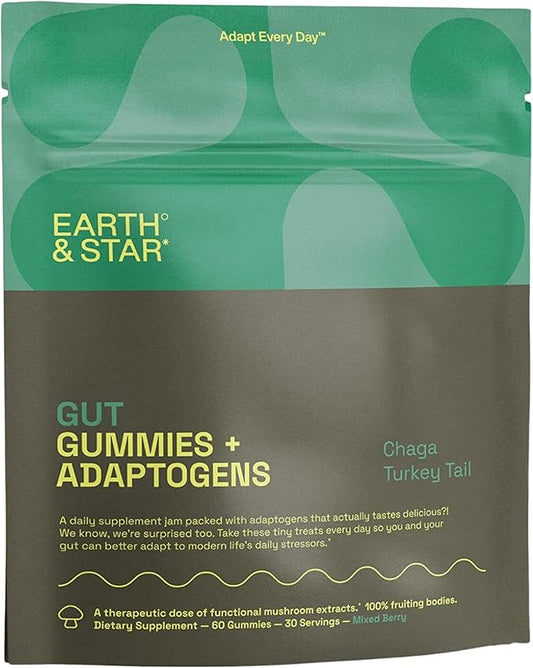 Earth and Star Mushroom Gummies - Gut Support | Chaga and Turkey Tail Mushrooms | Nootropic Mushroom Supplement Boosting Digestive and Gut Health | 60 Gummies