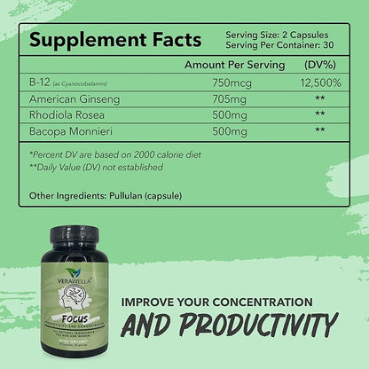 Focus, Anti Brain Fog, Brain Booster with American Ginseng, Rhodiola & Bacopa Monnieri, Supports Productivity and Concentration, 60 Capsules (30 Servings)