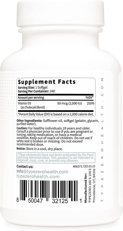 Type Zero Vitamin D3 2000 iu, 240 Softgels - Non-GMO & Gluten Free