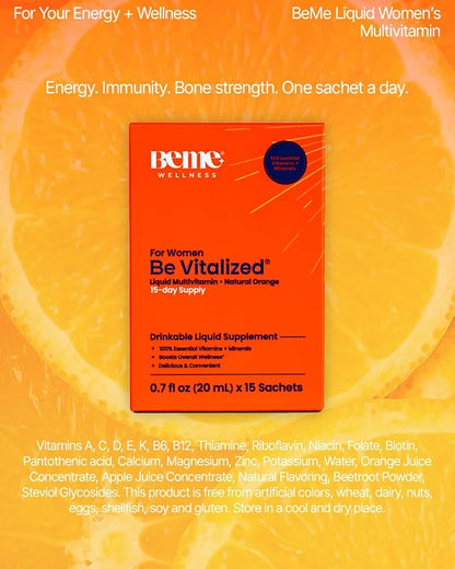 BeMe Liquid Multivitamin for Women - 2X Faster Absorption & High Bioavailability - Vitamin C+E, D, K, Calcium, Zinc, Magnesium - Clinically Tested Womens Multivitamin, Non-GMO, Soy, Dairy Free