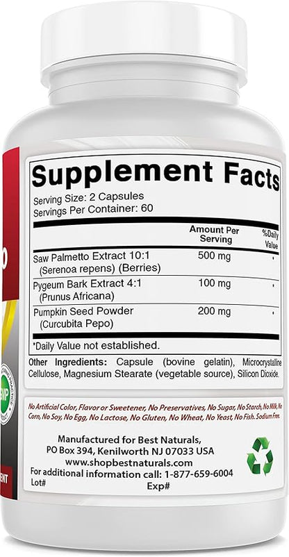 Best Naturals Saw Palmetto 10:1 Extract Prostate Supplements for Men - 120 Capsules - Made with Pygeum Bark 4:1 Extract & Pumpkin Seed Powder