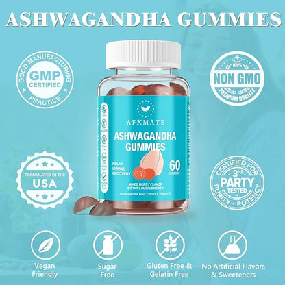 AFXMATE Ashwagandha Gummies & Vitamin D Gummies for Men & Women 120 Count Aswangdha Supplement (Non-GMO, Sugar Free & Gluten Free)
