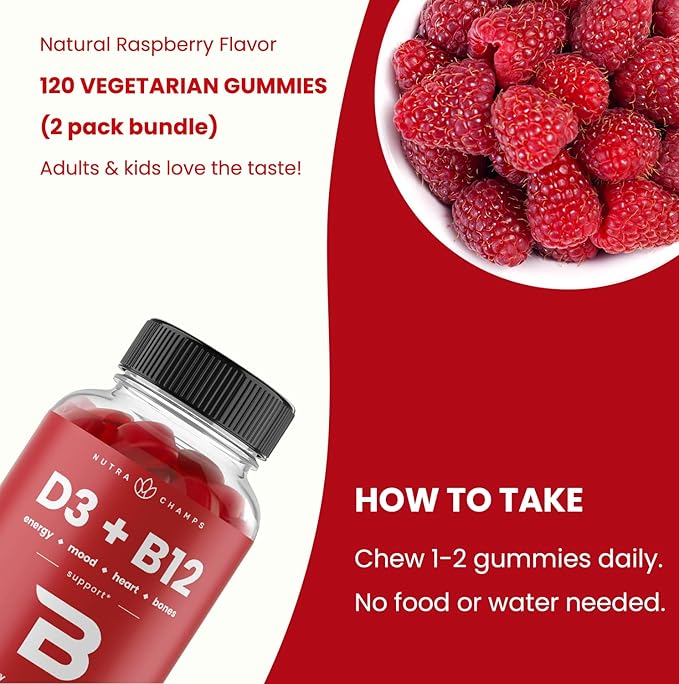 NutraChamps Vitamin D3 & B12, Methyl B12 Gummies for Adults & Kids, Enhanced with Vitamin D 3 & B9 Vitamin Folate, Natural Energy, Mood, Metabolism & Focus, Raspberry, 120 Gummies (Pack of 2)