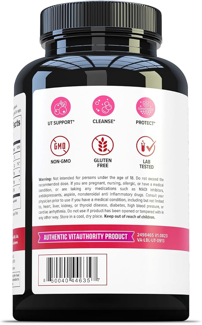 Vitauthority Fast Acting UTI Support Capsules- Cranberry Juice Powder for Utinary Tract Health and Preventitive Support- Enhanced Blend Promotes Urinary Health- 120 Vegetarian Capsules