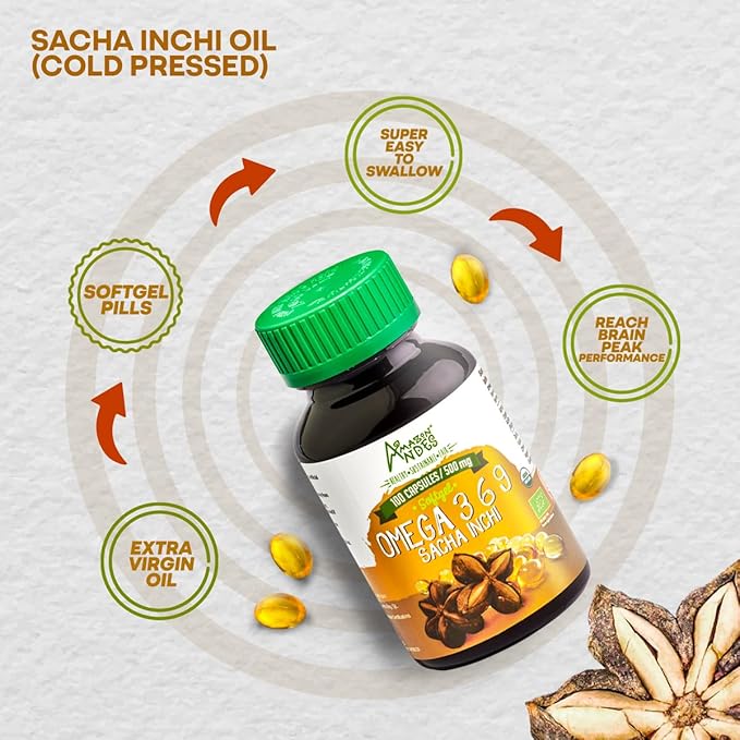 Organic Source of omegas 3, 6 and 9 l Sacha Inchi Oil softgel Capsules l 100 x 500 mg Pills l Healthier Essential Fatty Acids Source l Non GMO and Gluten Free l Amazon Andes
